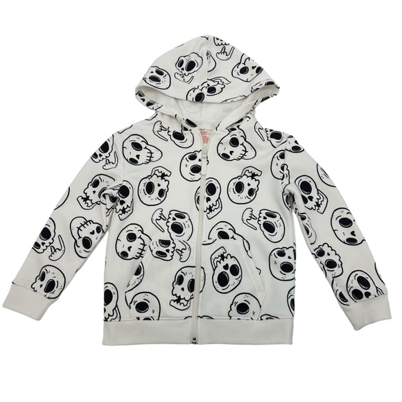Cat & Jack XS (4/5) Kids Zip-Up Hoodie Cream Black Cartoon Skull Print - Picture 1 of 9